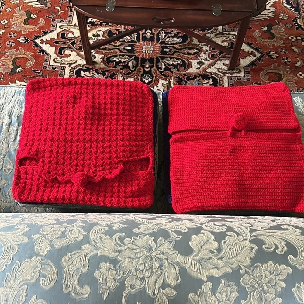 Hand Crafted Patriotic Red Knit Throw Pillow Cover 18 x 18 Hand Crochet Heirloom